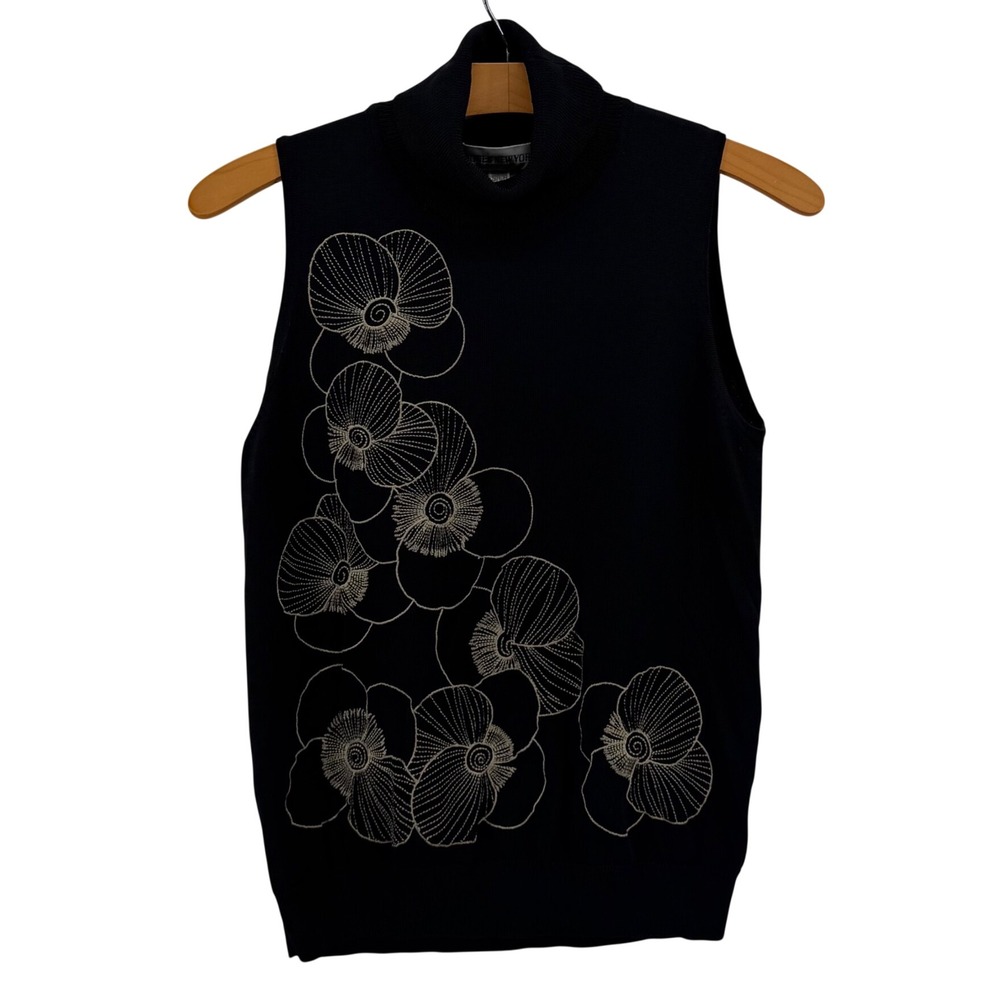 Jones New York Sleeveless Sweater Black Floral Rayon Knit Turtleneck Top Small